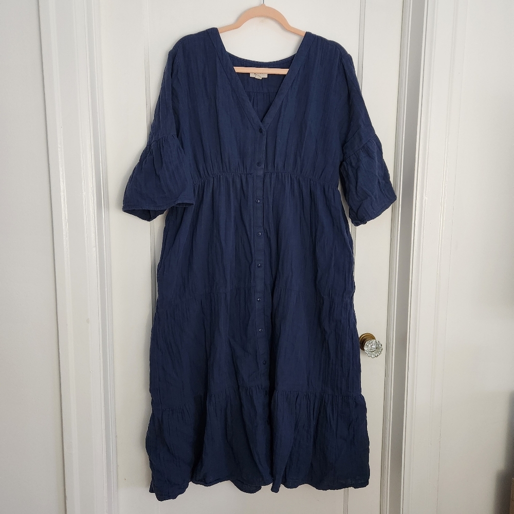 Navy Blue Organic Cotton Button Up Midi Dress from Pact